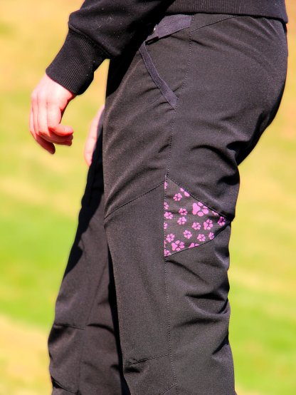 Ladies spring training pants - black with lavender paws 2