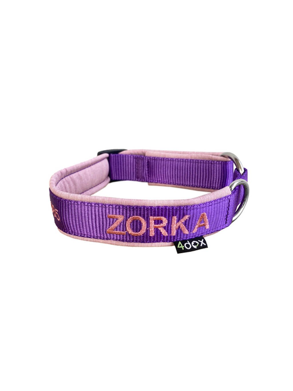 Fialový obojek na zakázku s růžovou výšivkou ZORKA