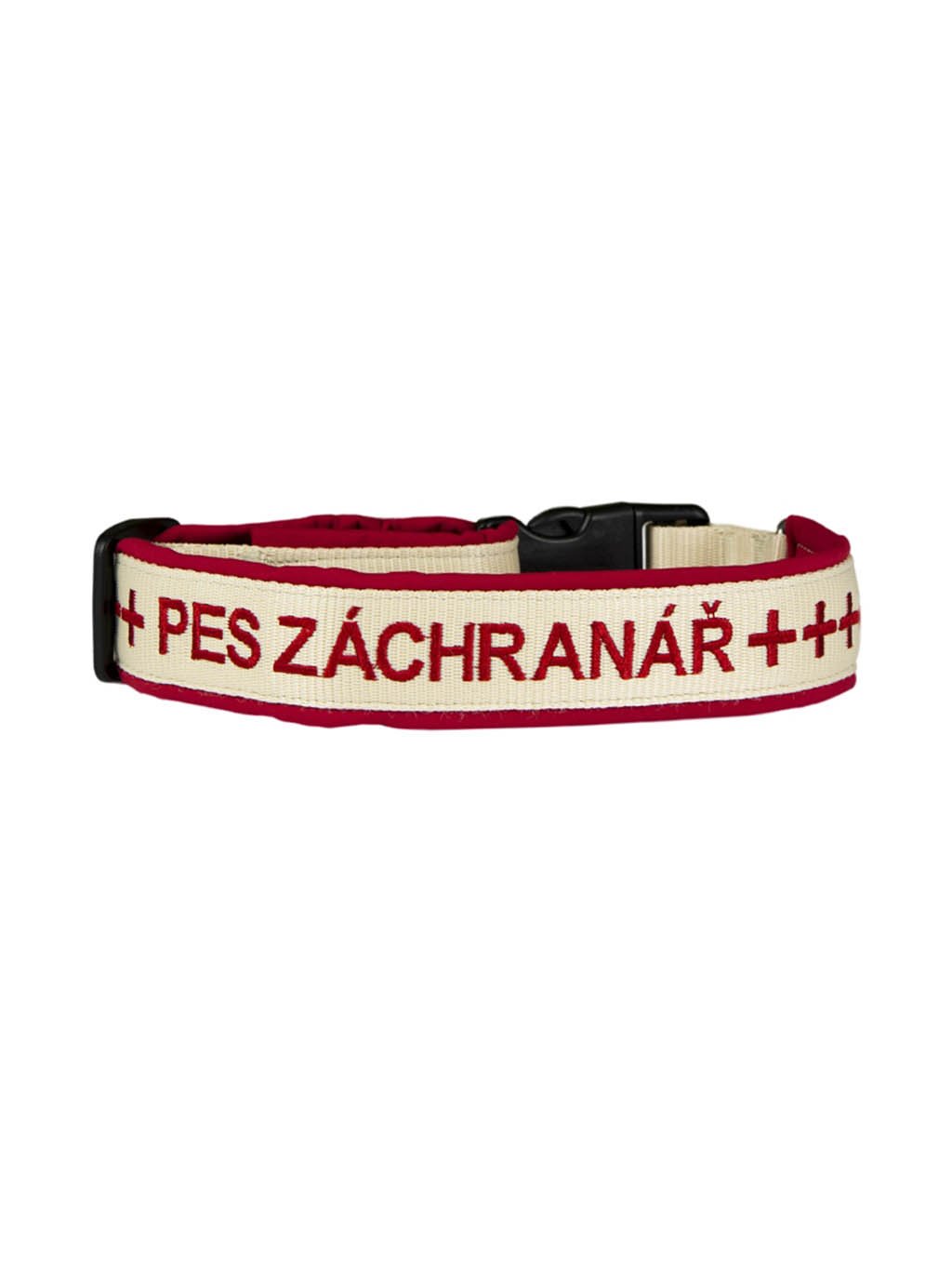 Speciální obojek na míru pro záchranářského psa v červeno-bílém provedení