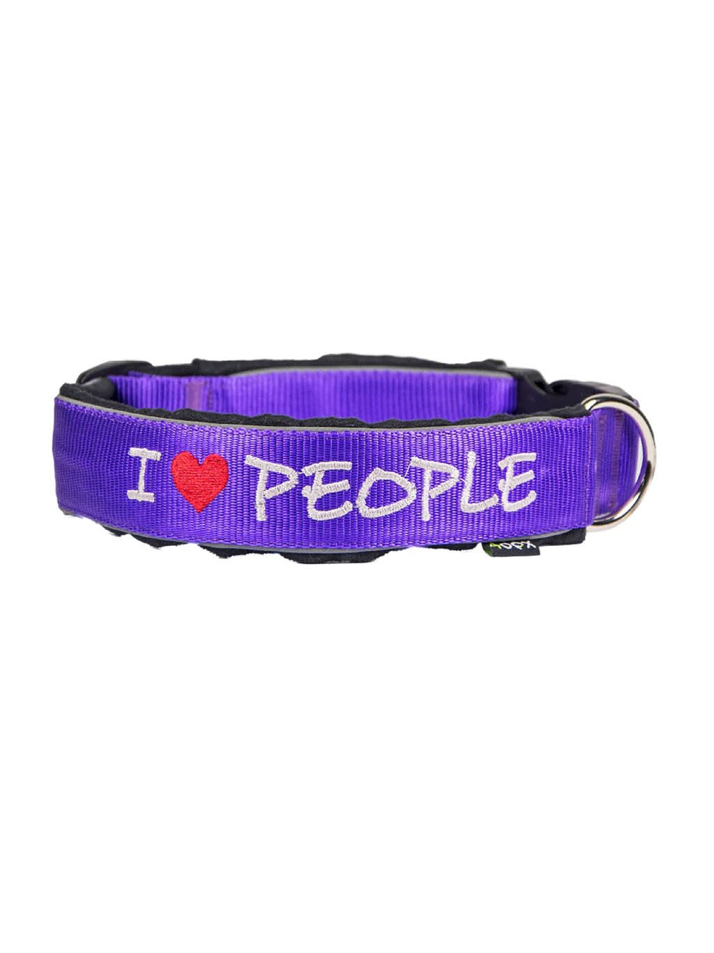 Fialový psí obojek s výšivkou I ♥ PEOPLE, obojek na zakázku s pozitivním poselstvím