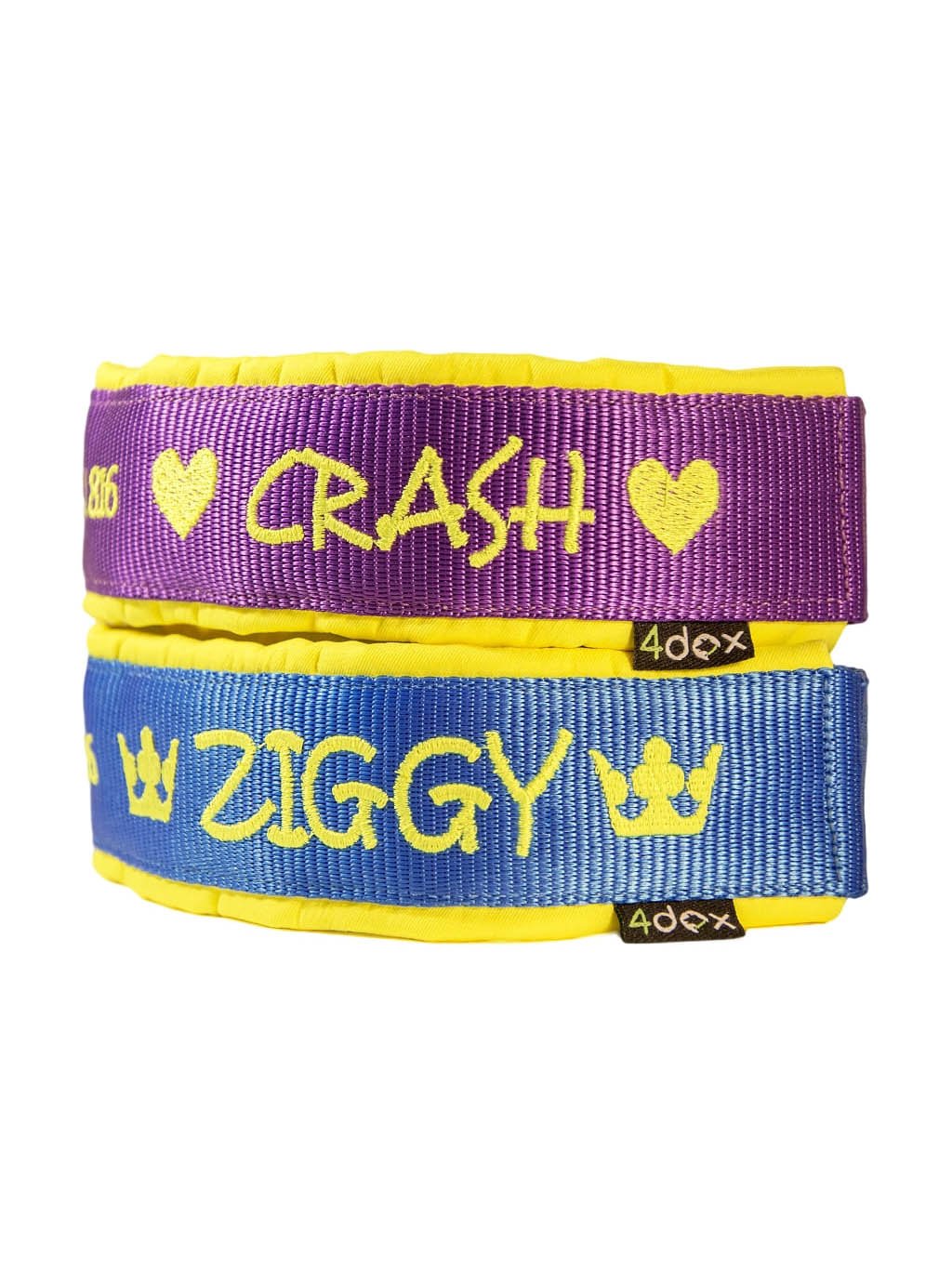 Dvojice obojků na zakázku se jmény CRASH a ZIGGY položené na sobě
