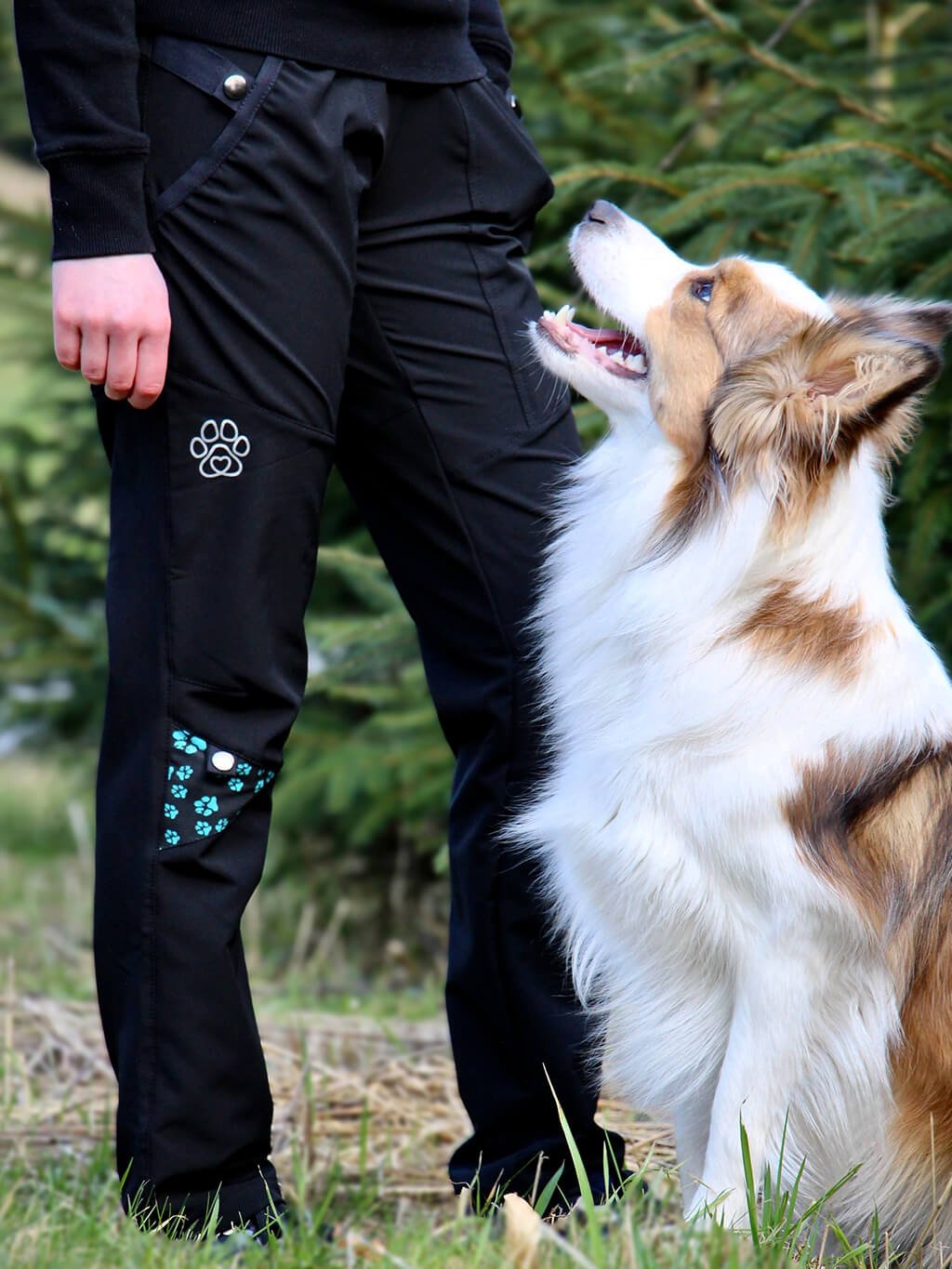 Dames lente trainingsbroek - zwart met turquoise pootafdrukken