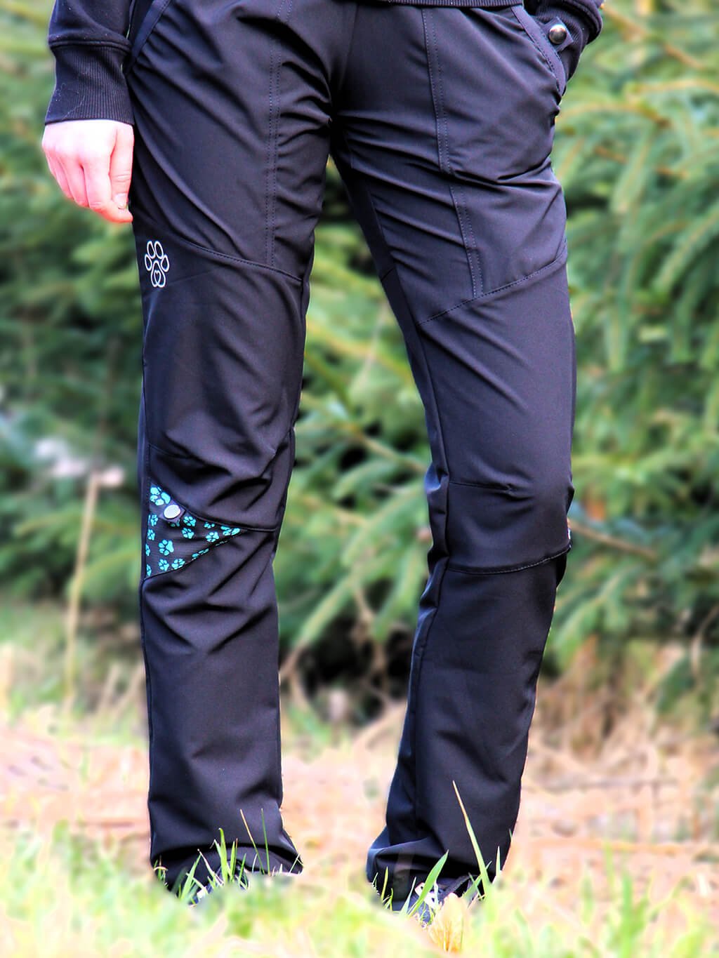 Dames lente trainingsbroek - zwart met turquoise pootafdrukken