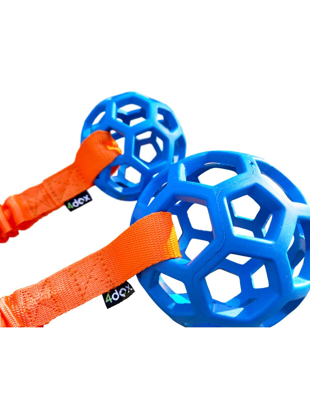 Trekkoord - geperforeerde bal met schokdemper 11 cm blauw/oranje 4dox