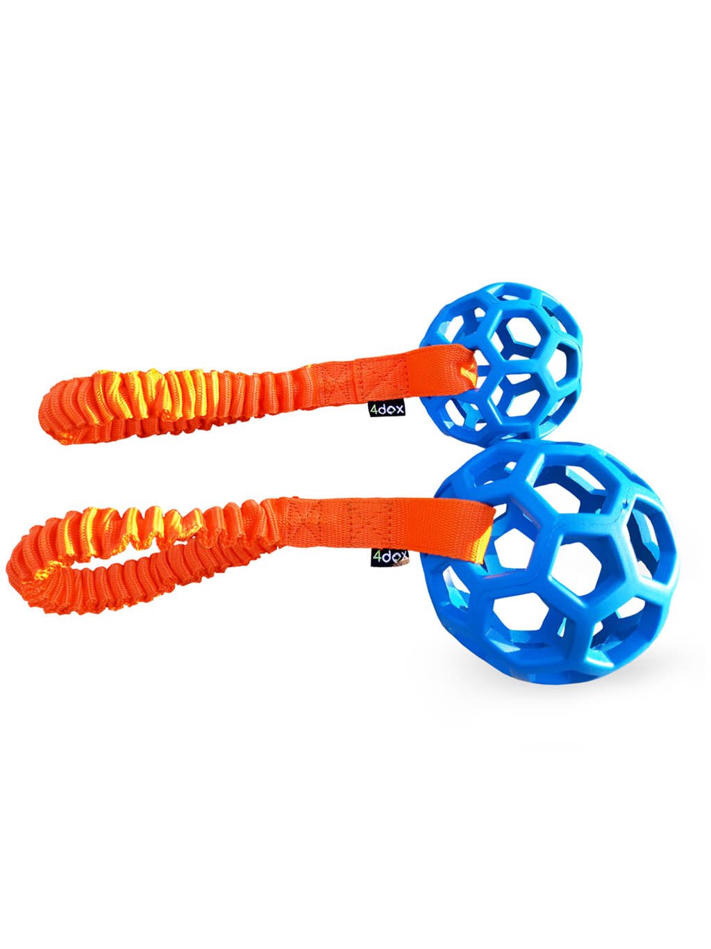 Trekspeeltje - geperforeerde bal met schokdemper 8 cm blauw/oranje 4dox