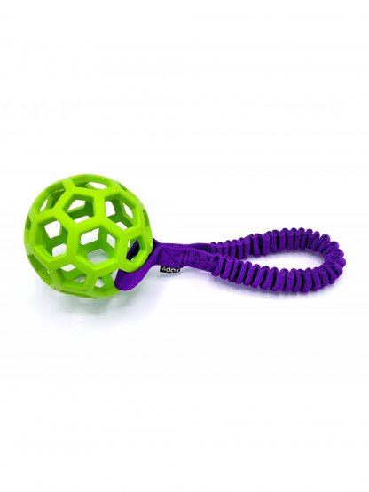 Pull toy - perforated ball with shock absorber 11 cm lime/purple 4dox