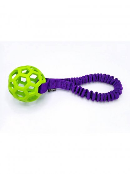 Pull toy - perforated ball with shock absorber 8 cm lime/purple 4dox