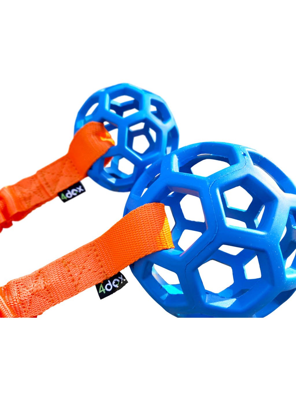 Přetahovadlo - děrovaný míč s amortizérem 8 cm modrá/oranž 4dox