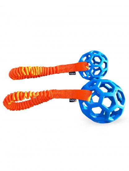 Přetahovadlo - děrovaný míč s amortizérem 11 cm modrá/oranž 4dox 2
