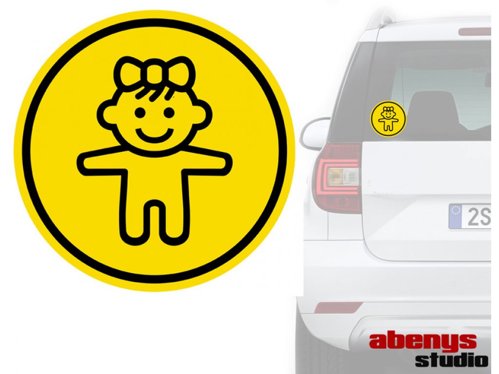 autonálepka - BABY ON BOARD - žlutý kruh - holka - klasická