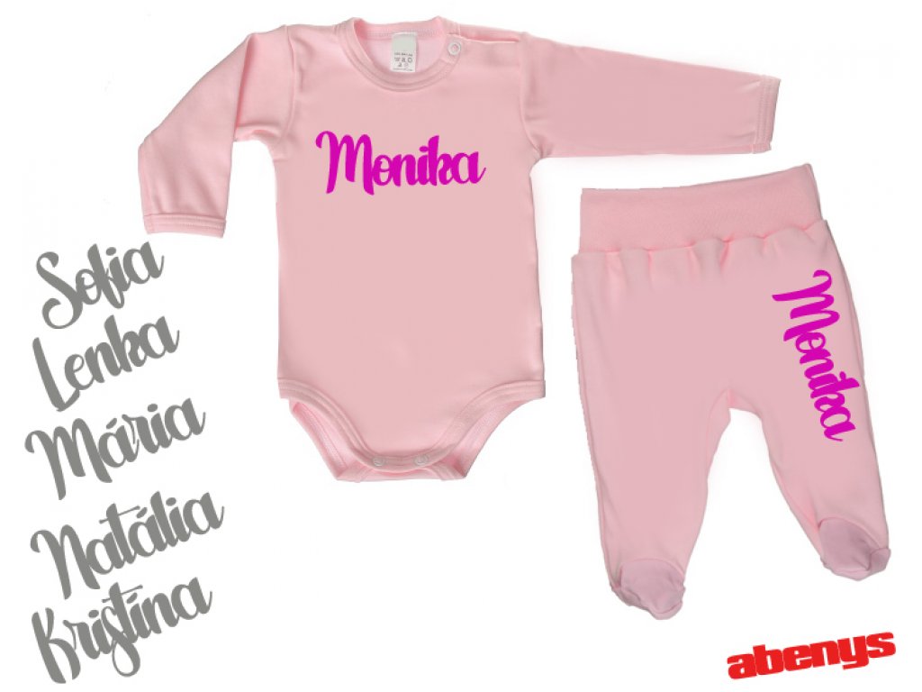 baby set - body a poldupačky se jménem - růžový set s lesklým potiskem - 56