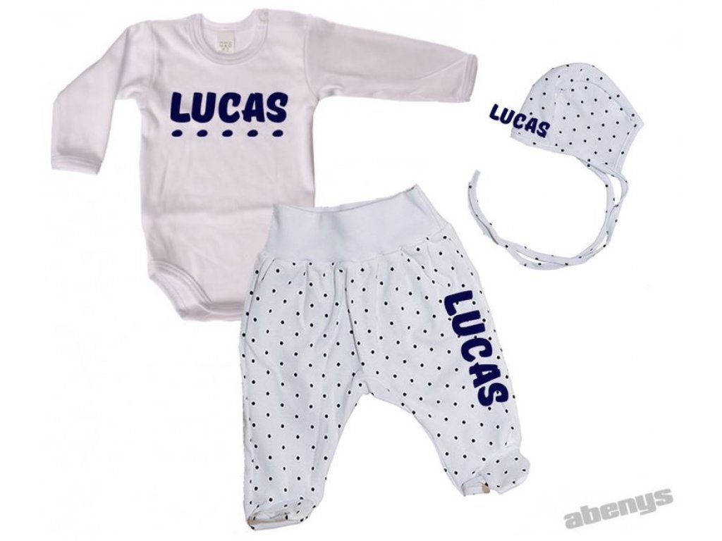 baby set - bodkovaný biely - s menom / čierne bodky a nápis modrý alebo ružový