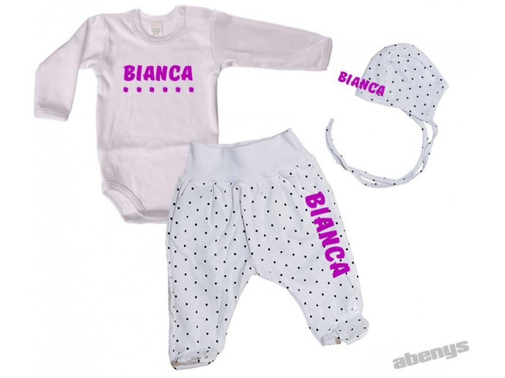 baby set - bodkovaný biely - s menom / čierne bodky a nápis modrý alebo ružový