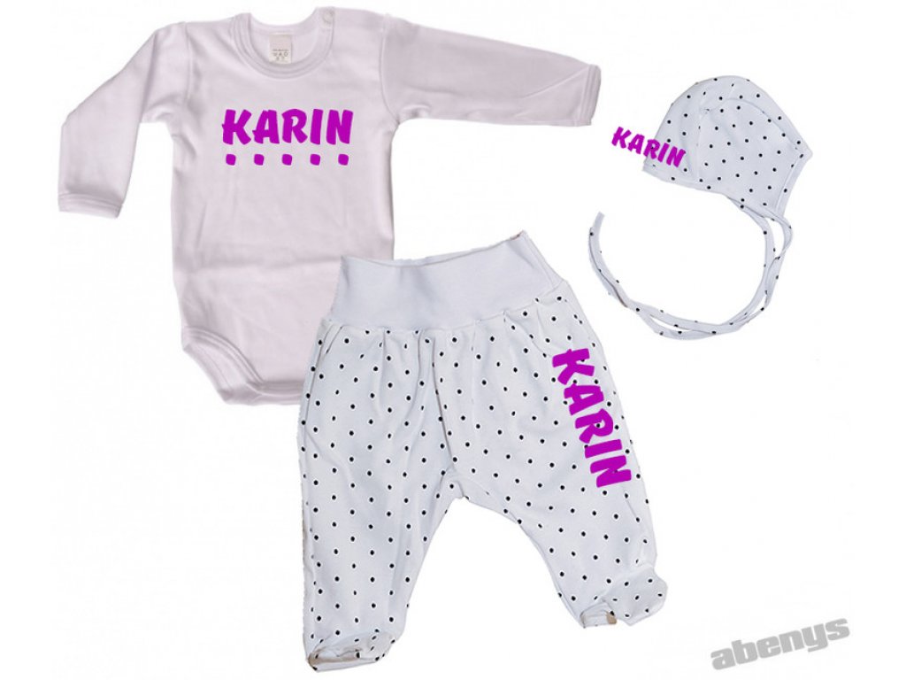 baby set - bodkovaný biely - s menom / čierne bodky a nápis modrý alebo ružový