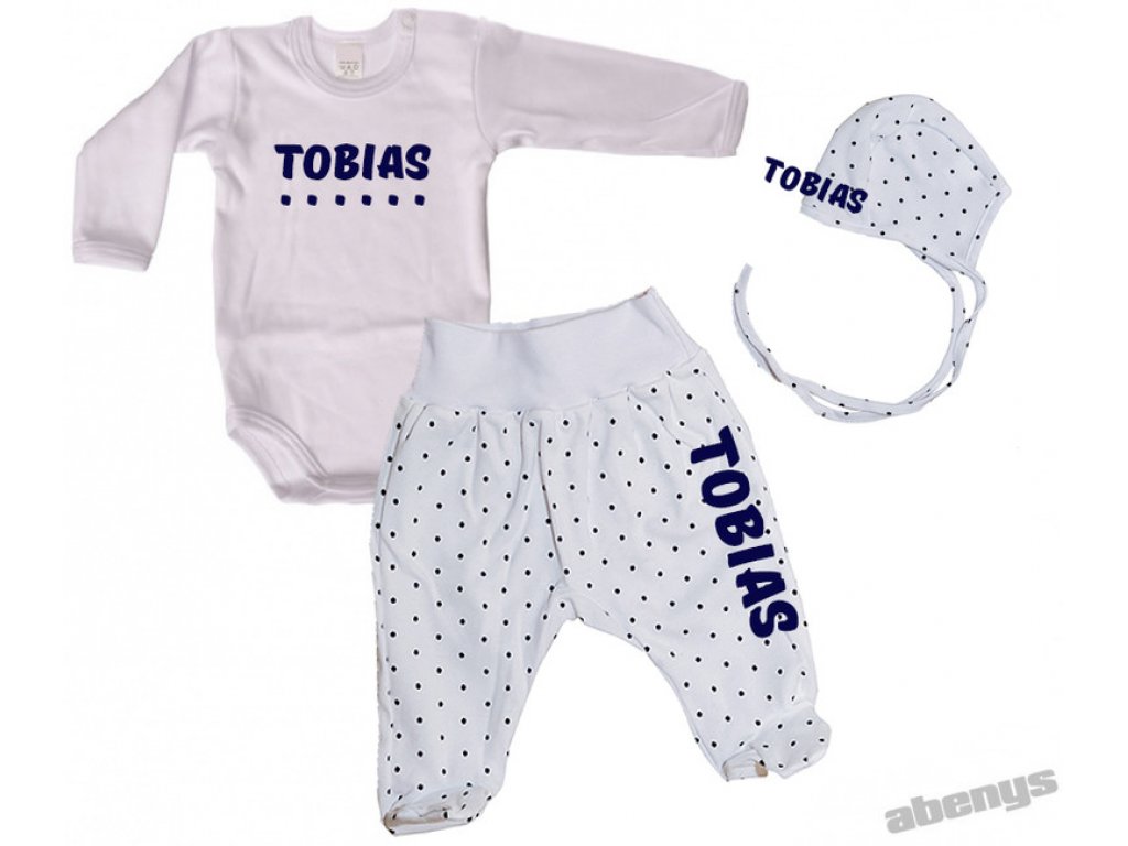 baby set - bodkovaný biely - s menom / čierne bodky a nápis modrý alebo ružový