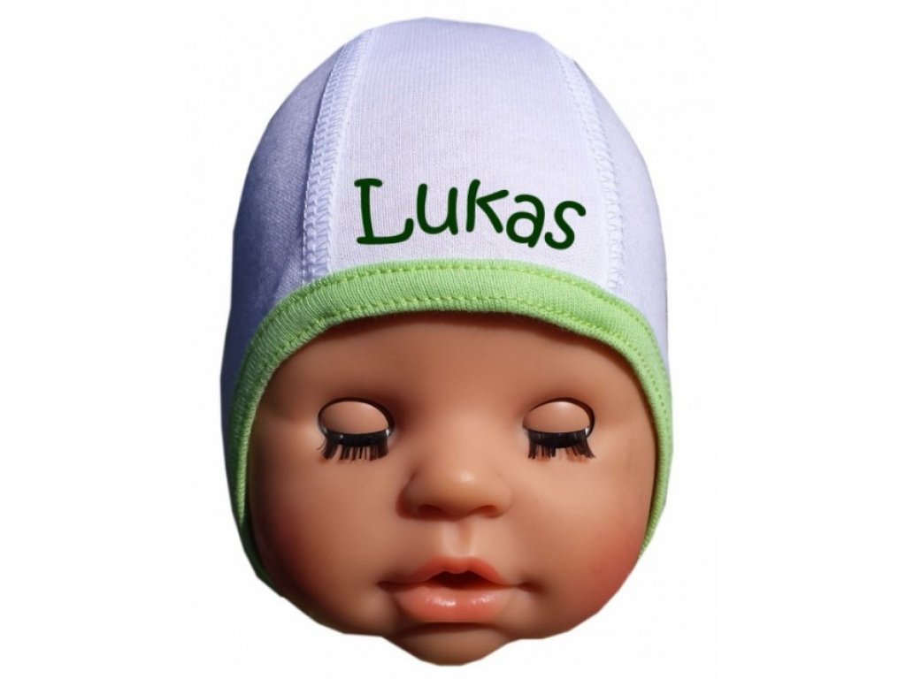 kojenecká čiapka BABY - s menom biela s farebným lemom