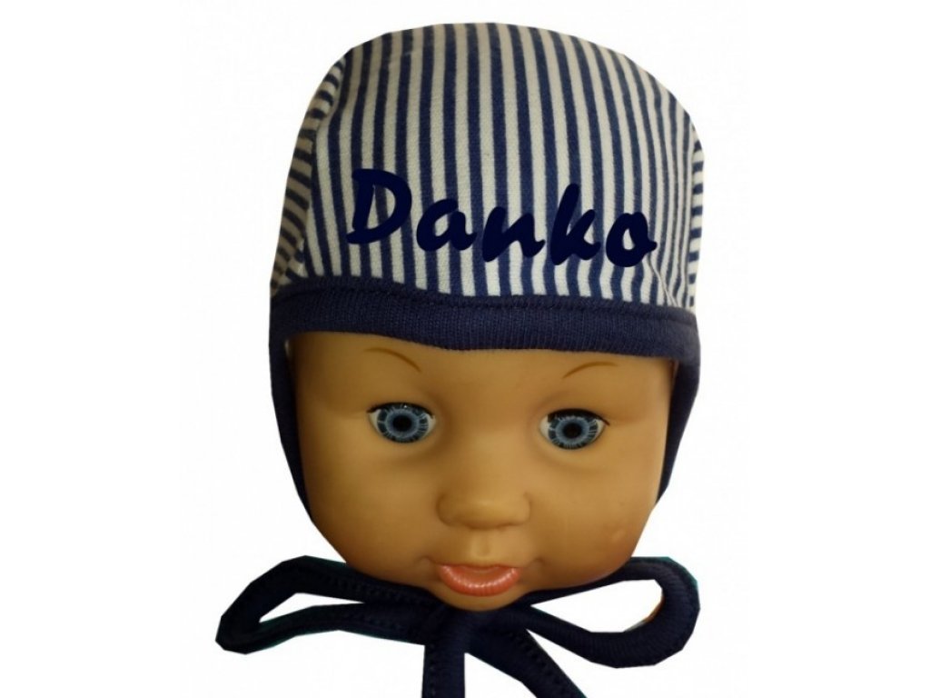 kojenecká čiapka BABY - s menom modrá pružkovaná