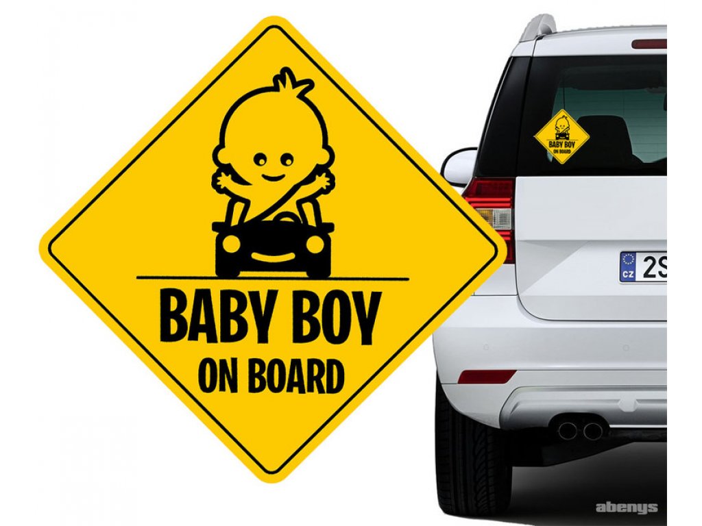 Samolepka na auto - žlutý čtverec - BABY BOY ON BOARD - klasická