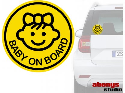 autonálepka - BABY ON BOARD - žlutý kruh - holka - klasická