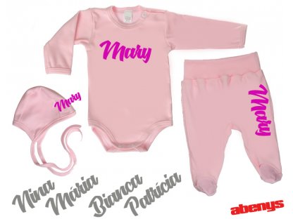 baby set - body, poldupačky a čepice se jménem - růžový set s lesklým potiskem - 56