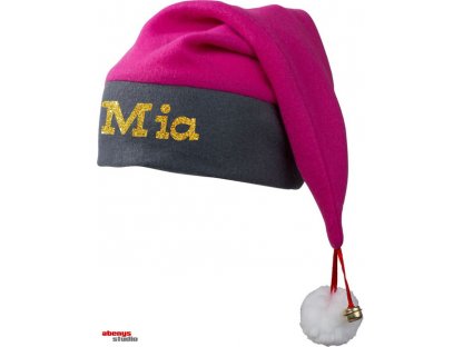 Mikulášska čiapka s zvončekom - ružová - s menom podľa želania so zlatým nápisom