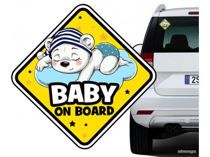 nálepka na auto - BABY ON BOARD spící medvídek