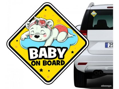 nálepka na auto - BABY ON BOARD spiaci medvedík dievčatko