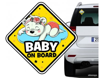 nálepka na auto - BABY ON BOARD - spiaci medvedík dievčatko