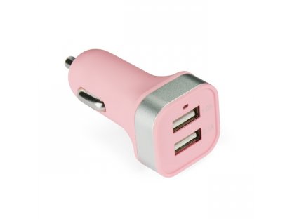 Rózsaszín autóstöltő 2 USB dugóval, bemenő 12V - 24V, kimenő 5V = 3,1 A