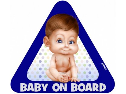 Samolepka na auto BABY ON BOARD modrý trojúhelník s reflexním textem - postavička Mark - klasická