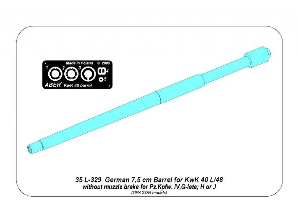 ABER 1/35 35L-329 75 mm Barrel KwK 40 L/48 Without Muzzle Brake for Panzer IV Ausf. G, H and J