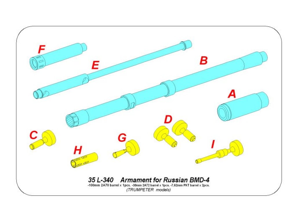 ABER 1/35  35L-340 Armament for Russian BMD-4 100 mm 2A70 Barrel, 30 mm 2A72 Barrel, 7,62 mm PKT Barrel