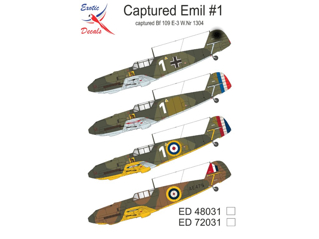 EXOTIC DECALS 1/48 48031 Captured Emil #1 Captured Bf 109 E-3 W.Nr 1304
