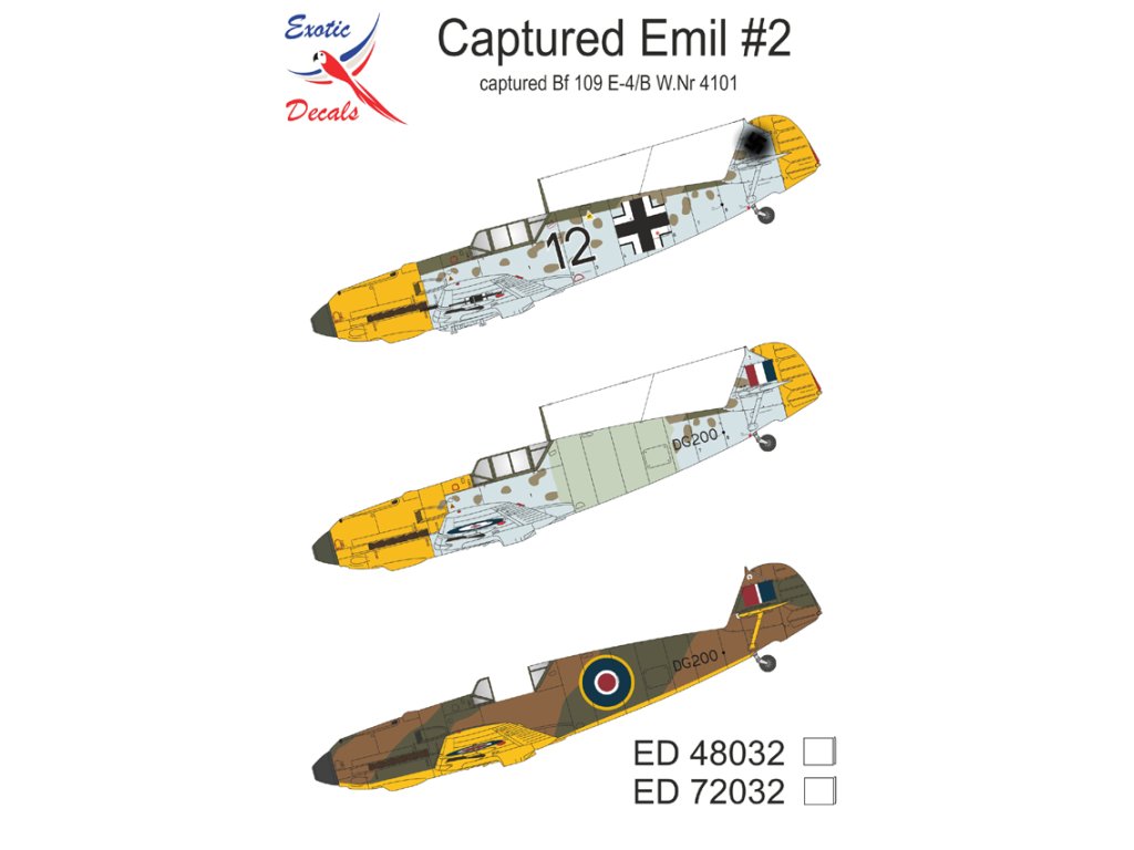 EXOTIC DECALS 1/72 72032 Captured Emil #2 Captured Bf 109 E-4/B W.Nr 4101