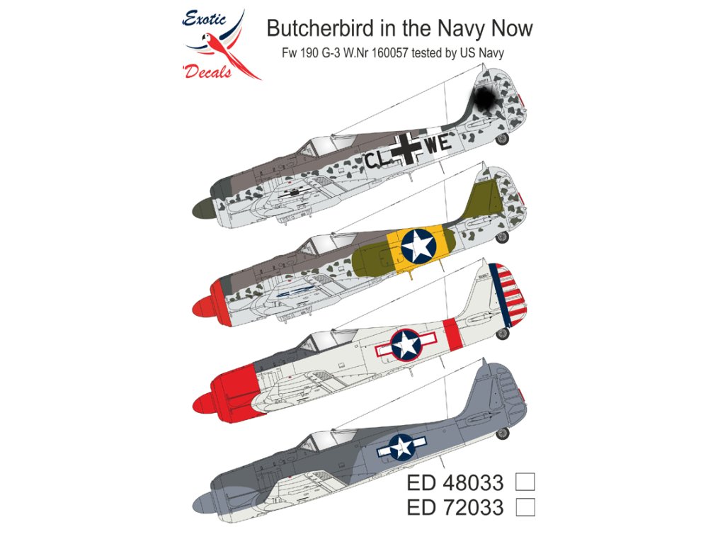 EXOTIC DECALS 1/72 72033 Butcherbird in the Navy Now Fw 190 G-3 W.Nr 160057 Tested by US Navy