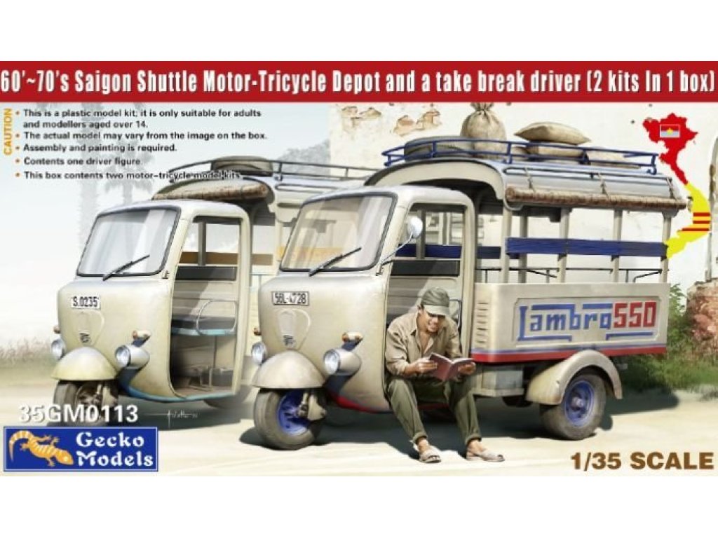 GECKO 1/35 35GM0113 60'-70's Saigon Shuttle Motor-Tricycle Depot and a Take Break Driver (2 Kits in 1 Box)