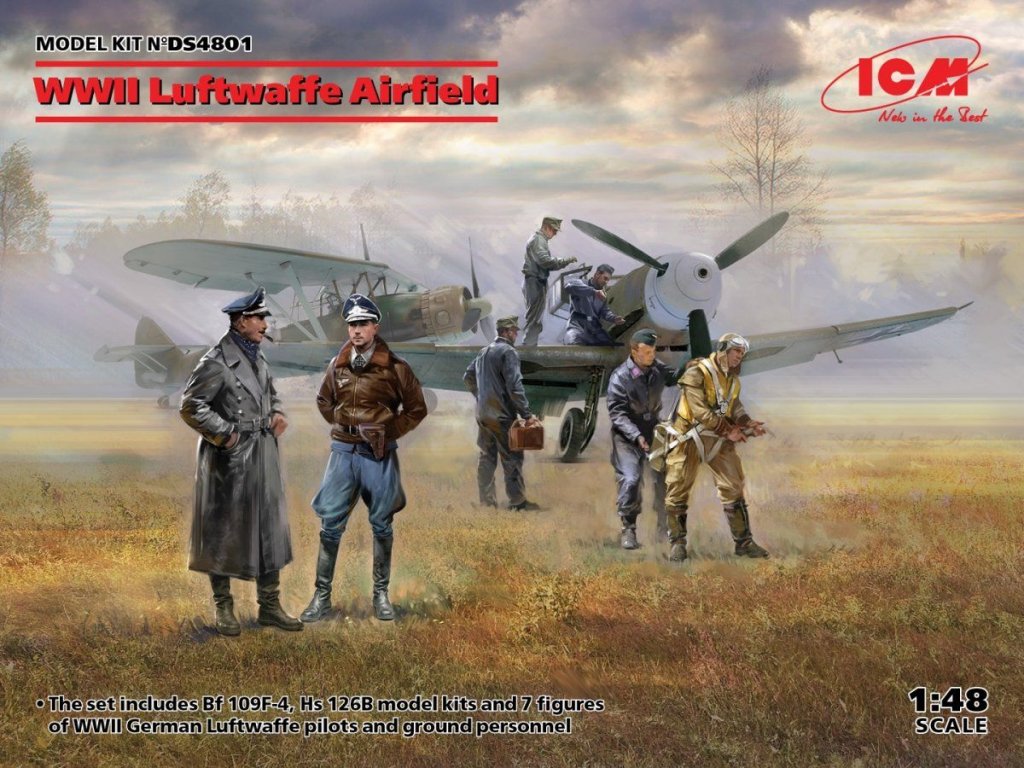 ICM 1/48 WWII Luftwaffe Airfield, Messerschmitt Bf 109F-4, Hs 126 B-1, German Luftwaffe Pilots and Ground Personnel 7 figures