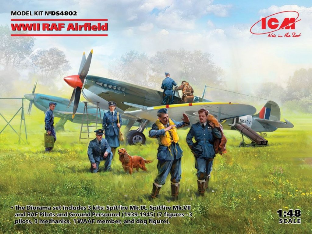 ICM 1/48 WWII RAF Airfield (Spitfire Mk.IX, Spitfire Mk.VII, RAF Pilots and Ground Personnel (7 figures))