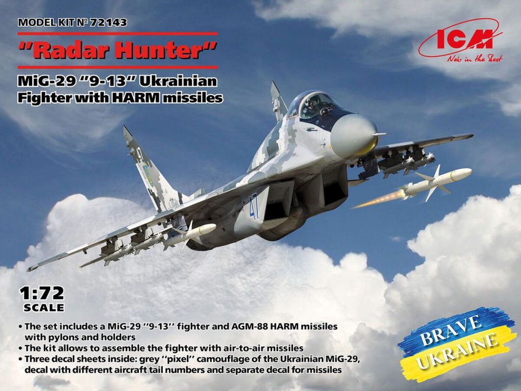 ICM 1/72 Radar Hunter MiG-29 9-13 Fulcrum Ukrainian Fighter with HARM Missiles