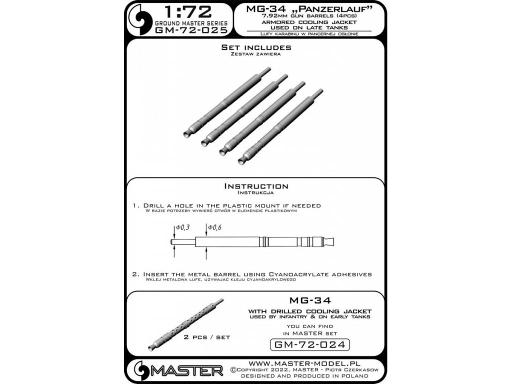 MASTER_PL 1/72 MG-34 Panzerlauf (7.92mm) MG barrels (4 pcs.)