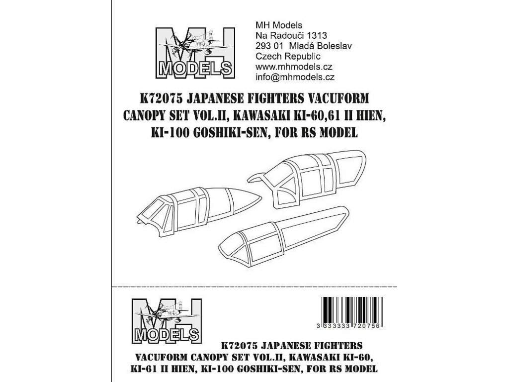 MH MODELS 1/72 Japanese fighters vacuform canopy set vol.II Kawasaki Ki60,Ki-61 II Hien,Ki-100 Goshiki-sen for RS Model.