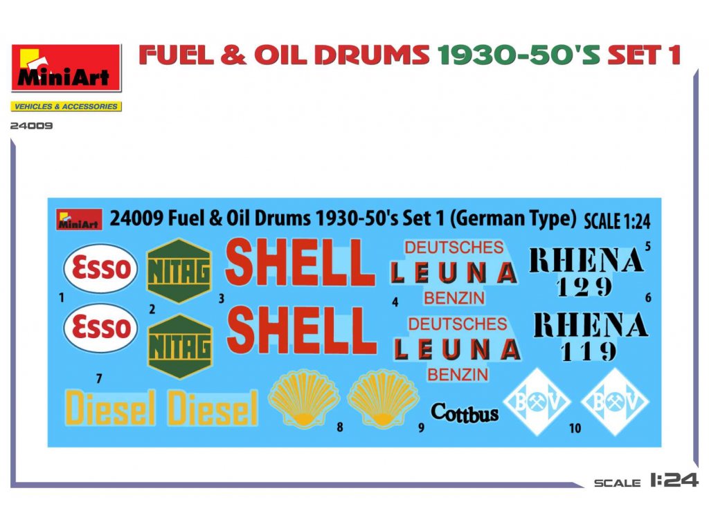 MINIART 24009 1/24 Fuel & Oil Drums 1930-50's Set 1 German Type