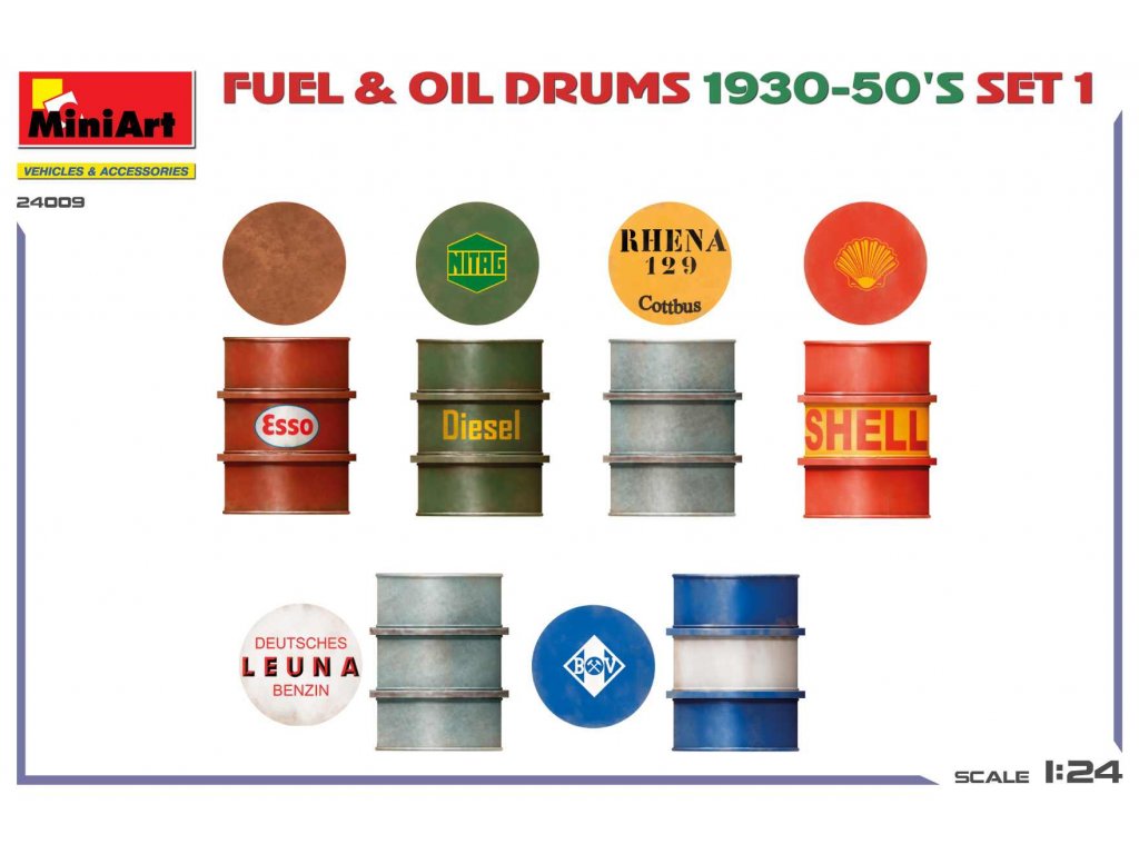 MINIART 24009 1/24 Fuel & Oil Drums 1930-50's Set 1 German Type