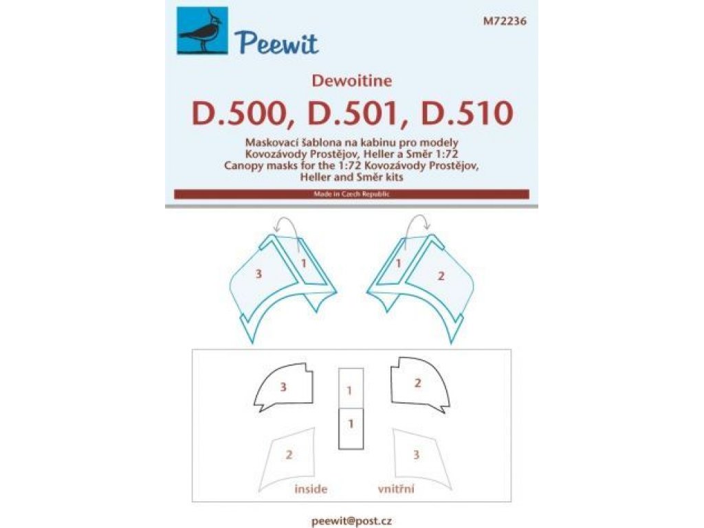PEEWIT MASK 1/72 Canopy mask Dewoitine D500/501/510 for KP