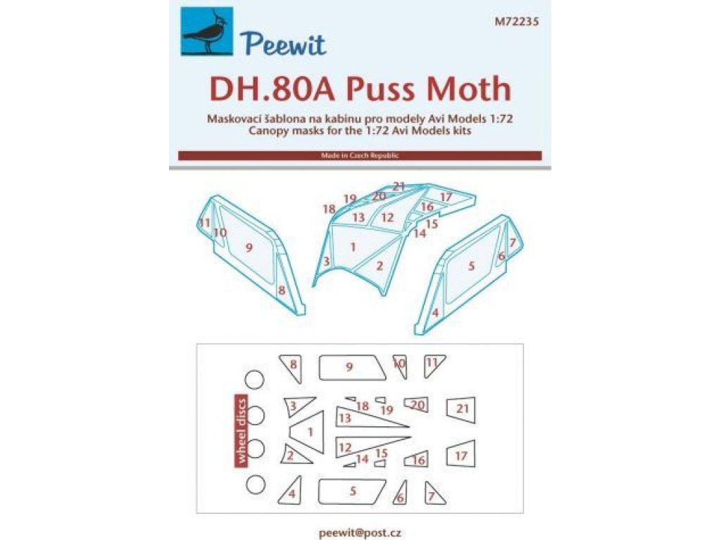 PEEWIT MASK 1/72 Canopy mask DH.80A Puss Moth for AVI