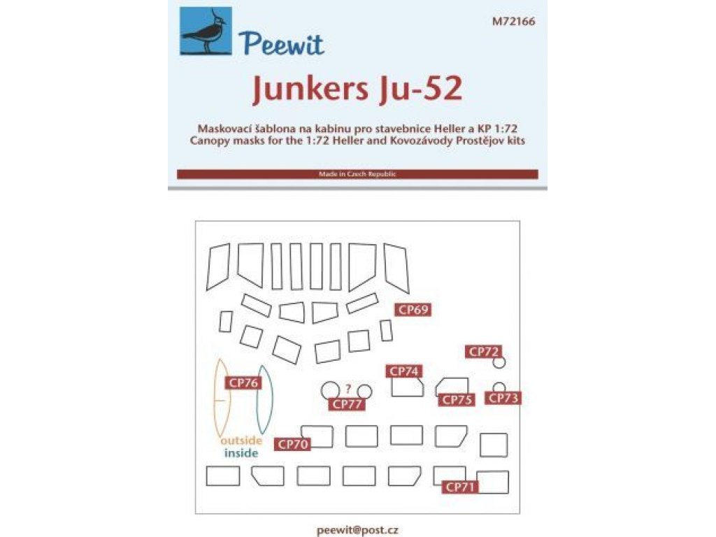 PEEWIT MASK 1/72 Canopy mask Junkers Ju-52 for KP