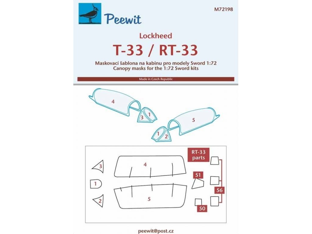 PEEWIT MASK 1/72 Canopy mask Lockheed T-33/RT-33 for SWORD