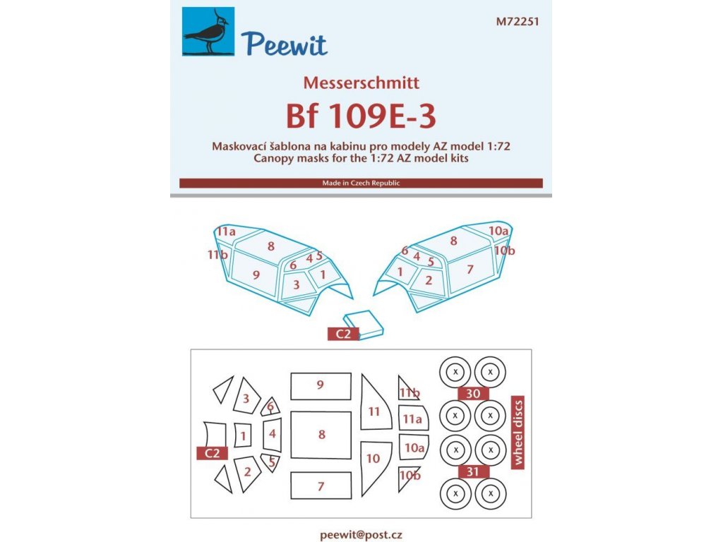 PEEWIT MASK 1/72 Canopy mask Messerschmitt Bf 109E-3 for AZ