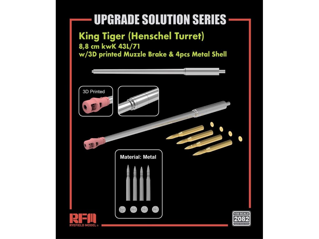 RFM 1/35 2082 King Tiger 8,8 cm kwK 43L/71 Metal Barrel w/ 3D Printed Muzzle Brake & 4 pcs Metal Shell