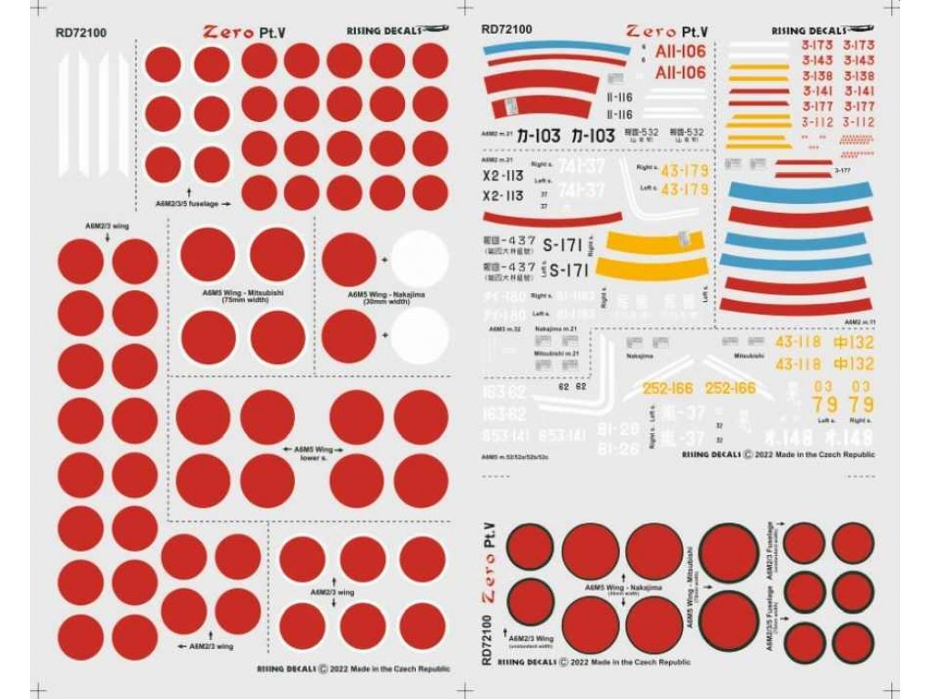 RISING DECALS 1/72 Decal A6M2/3/5 Zero Fighters 24x